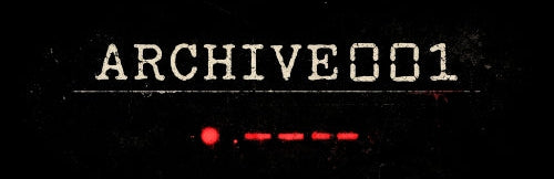 Text 'ARCHIVE001' on a black background with red accents